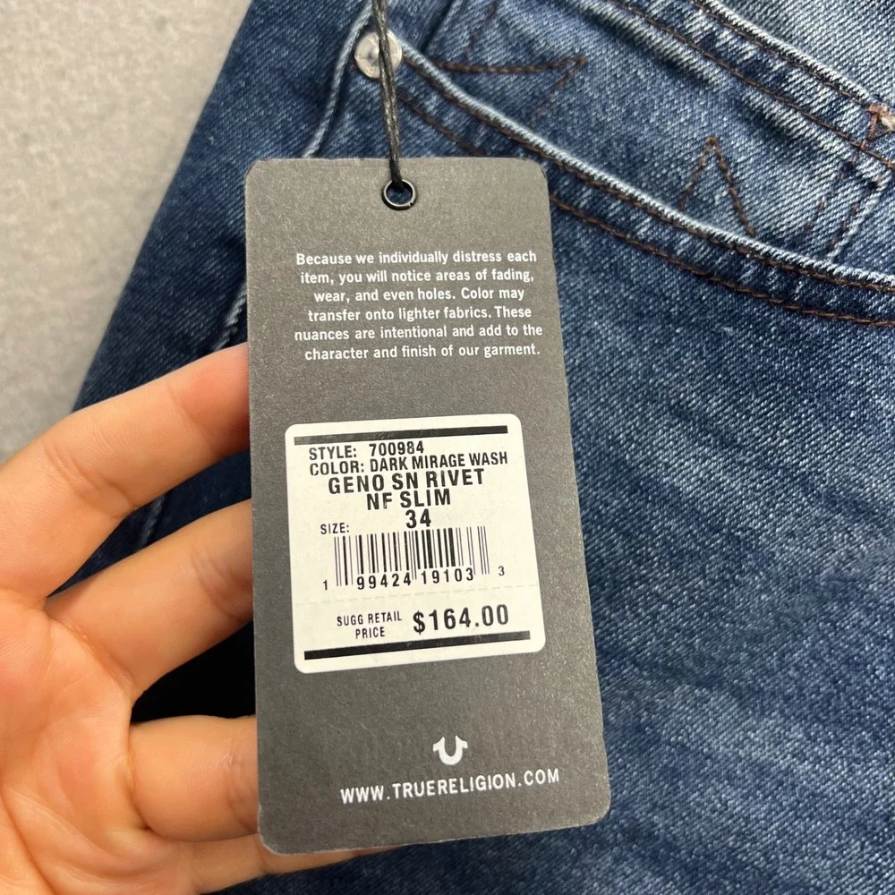 True Religion Geno Relaxed Slim Jeans Dark Mirage Wash Blue 34x32 NWT 700984